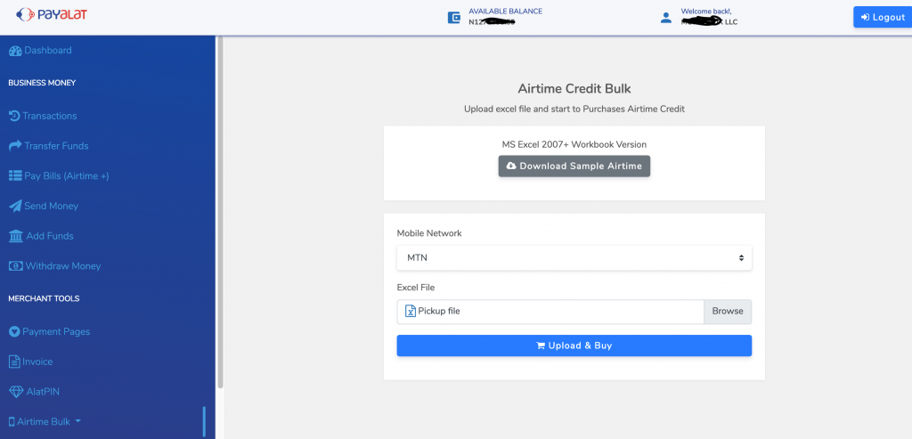 Payalat Bulk Airtime TopUp Window
